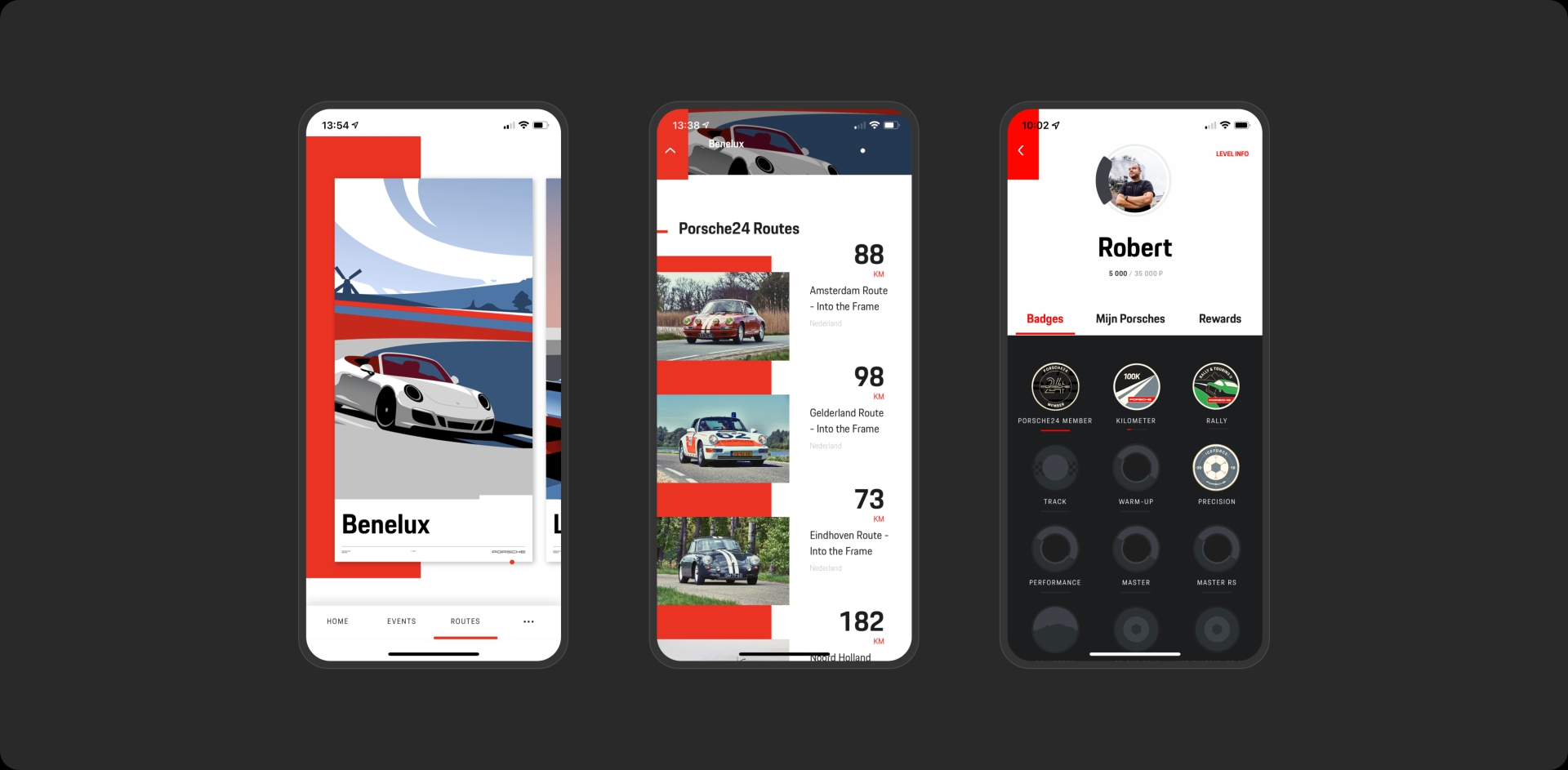 Porsche mockup screen with profile page and news article detail