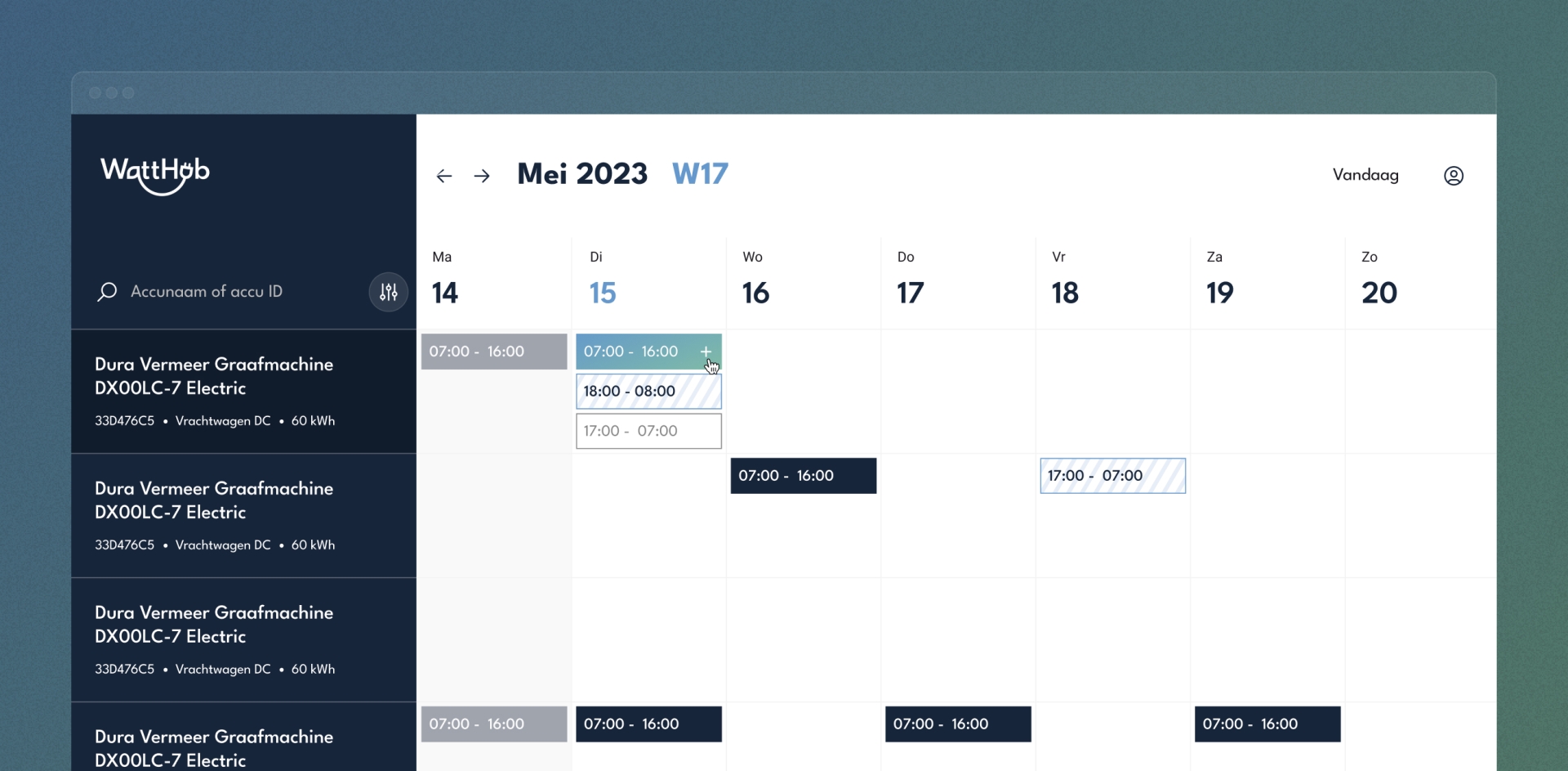 The reservation screen in the WattHub site. It shows the week overview with a column for every day. Several timeslots have been reserved. Colors are used to show a different state. On the left, there is a sidebar where you can filter by machine. 