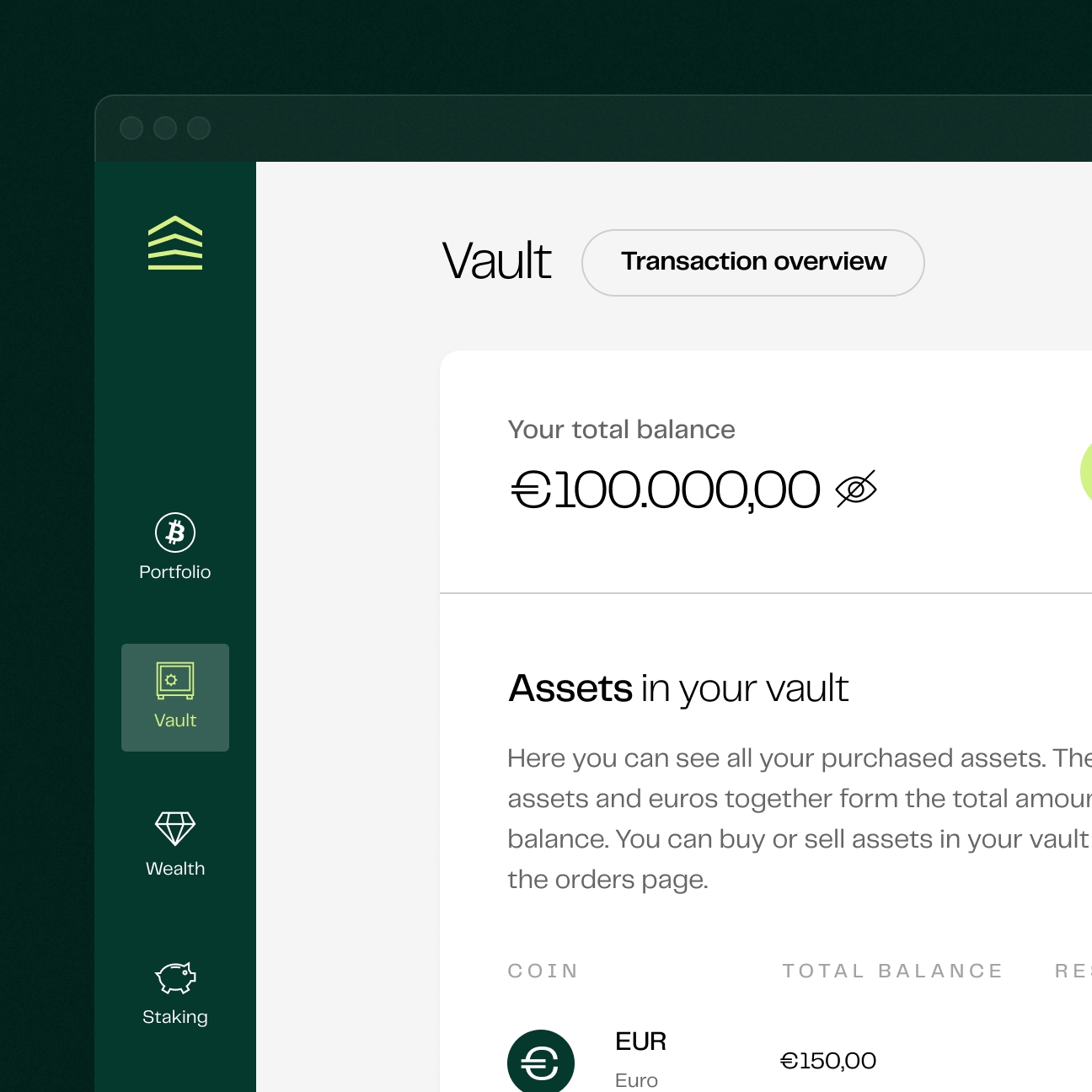 The 'vault' screen in the Amdax app. It shows the user's current balance and the assets in the user's vault.